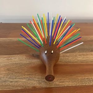 MCM Mid-Century Danish Teak Hedgehog Porcupine Appetizer Toothpick Holder.